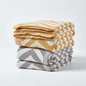 Homescapes Mustard Chevron Cotton Knitted Throw, 130 x 170 cm