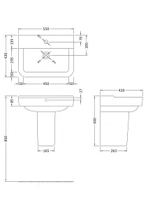 Alba Soft Square Ceramic Basin and Semi Pedestal, 550mm - Balterley