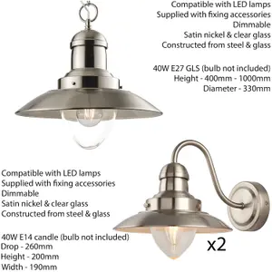 Hanging Ceiling Pendant Lamp & 2x Matching Wall Light Industrial Satin Nickel