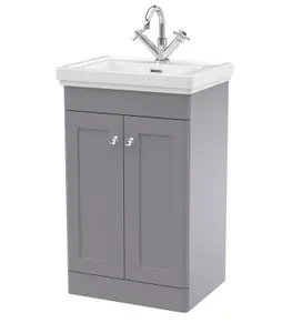 Traditional Floor Standing 2 Door Vanity Unit with 1 Tap Hole Fireclay Basin, 500mm - Satin Grey