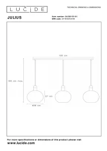 Lucide Julius Modern Bar Pendant Light - 3xE27 - Opal