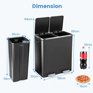 Costway 2x30L Recycling Pedal Bin Double Kitchen Waste Bin with Plastic Inner Buckets