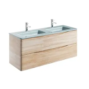 Eden 1200mm Wall Hung Vanity Unit in Light Oak & White Glass Basin