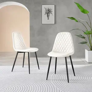 Set of 2 Corona White Soft Touch Diamond Stitched Faux Leather Black Powder Coated Leg Dining Chairs