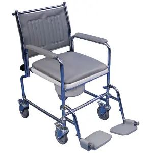 Height Adjustable Mobile Commode Chair - Four Braked Castors - Detachable Arms