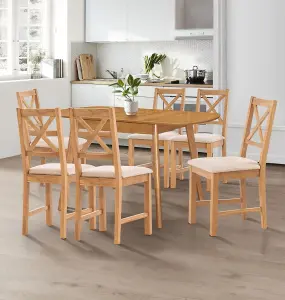 Hallowood Furniture Aston Butterfly Extending Table with 6 Cross Back Oak Chairs in Beige Seat Pad