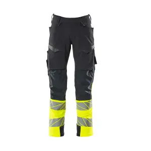 Mascot Accelerate Safe Trousers with Kneepad Pockets - Dark Navy/Hi-Vis Yellow   (40.5) (Leg Length - Regular)