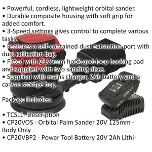 125mm Cordless Orbital Palm Sander Kit - 20V 2Ah Li-Ion Battery Lightweight DIY