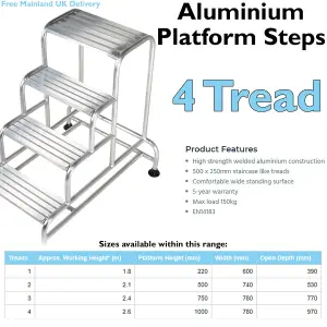 1m Tall Stable Steps Sturdy Aluminium Frame 500mm Wide 4 Tread Step Ladder