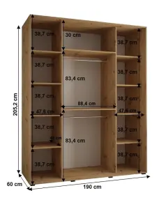 Sapporo II - Oak Artisan Mirrored Sliding Door Wardrobe with Lamella Effect - Ample Storage (H)2050mm (W)1900mm (D)600mm