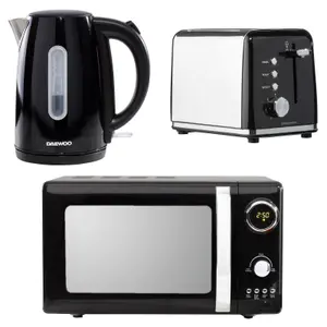 Daewoo Kensington Retro Matching Black Jug Kettle Toaster Microwave Set 2-Slice