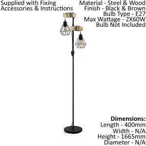 Standing Floor Lamp Light Black Cage Shade & Wood Hangman 2 x 60W E27 Bulb