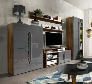 Davos 4 TV Cabinet in Dark Walnut, Grey Gloss & Marble Decor - W1300mm H460mm D580mm, Elegant and Functional