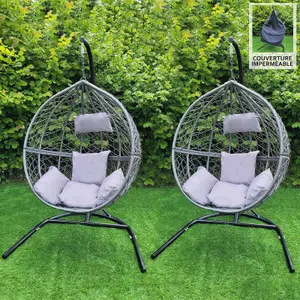 2 Garden Hanging Rattan Egg Chairs - Grey