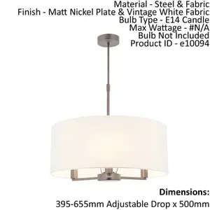 Ceiling Pendant Light Matt Nickel & Vintage White Fabric 3 x 40W E14 e10094