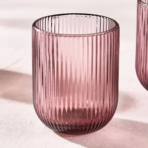 Set of 2 Vintage Luxury Pink Ribbed Short Drinking Glass Whisky Glass Tumbers 270ml