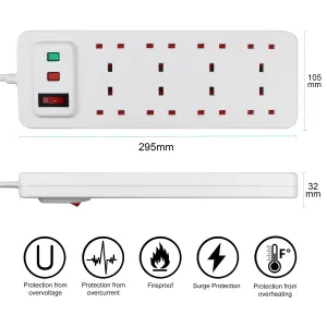 Extrastar 8 Gang Switched Surge-Protected Extension Lead 5m White, 13A