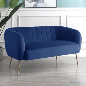 Matilda 137cm Wide Dark Blue Ruched Back Velvet 2 Seat Sofa with Brass Coloured Steel Legs