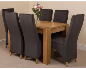 Kuba 125 x 80 cm Chunky Oak Small Dining Table and 6 Chairs Dining Set with Lola Black Fabric Chairs