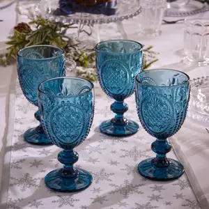 Set of 4 Vintage Luxury Blue Drinking Wine Glass Wine Goblets 310ml