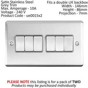 2 PACK 6 Gang Metal Multi Light Switch SATIN STEEL 2 Way 10A Grey Trim