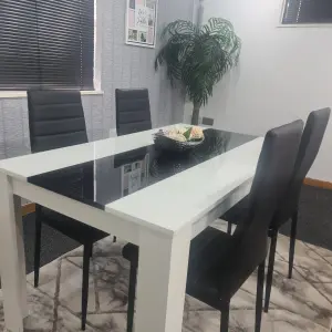 Dining table and 4 Chairs set White Black wood dining  Table With 4 Black Leather Chairs  Kosy Koala