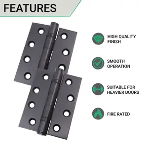 EAI 4" Fire Door Hinges 4" Stainless Steel Grade 13  - 102x76x3mm - Square - Black - Pair - Including Screws