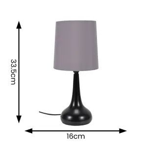 Pair - Black Teardrop Touch Dimmer Table Lamps with Grey Shade for Bedside Table Bedroom Light - LED Bulbs Included