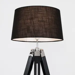 ValueLights Clipper Black Wood and Silver Chrome Tripod Floor Lamp with Black Tapered Shade - Complete with 6w LED GLS Bulb