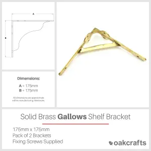 Oakcrafts - Pair of Solid Brass Gallows Style Shelf Brackets - 175mm x 175mm