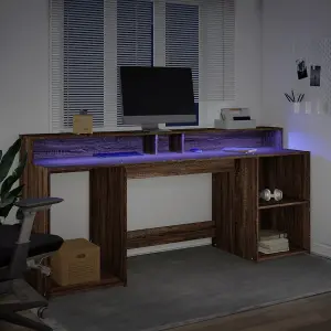 Berkfield Desk with LED Lights Brown Oak 200x55x91 cm Engineered Wood