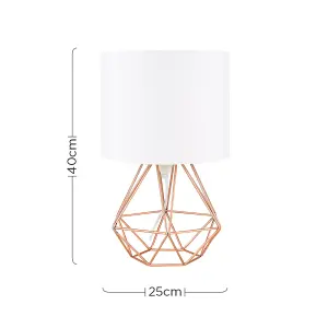 ValueLights Pair of Copper Metal Basket Cage Bed Side Table Lamps with White Fabric Shades With LED Golfball Bulb In Warm White