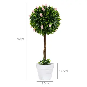 HOMCOM Set of 2 Potted Artificial Plants Ball Tree with Flowers, Pink