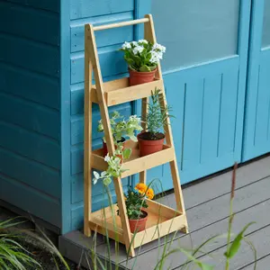 Home Source Bamboo 3 Tier Garden Plant Stand Ladder Tray Unit