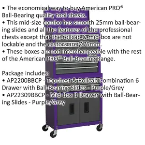 Premium Purple 9 Drawer Tool Chest Unit - Topchest Rollcab Combination