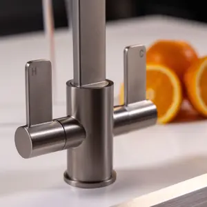 Flode Paddla Dual Lever Kitchen Tap Swan Neck Design Brushed Steel