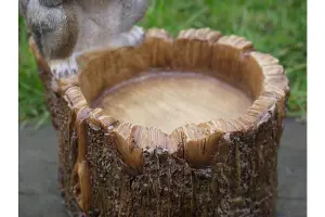 Squirrel sitting on Log bird feeder