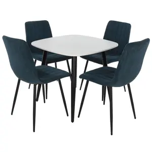 Core Products Aspen White 80cm Square Dining Table with 4 Blue Cord Fabric Diamond Stitch Design Chairs