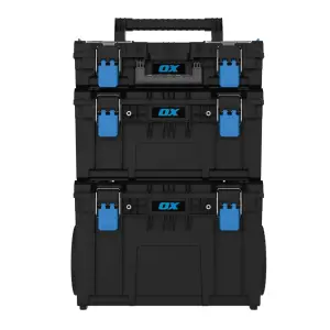 Ox Tooltrek 3 Piece Modular Deep Tool Box + Trolley Wheels + Shallow Box Set Up