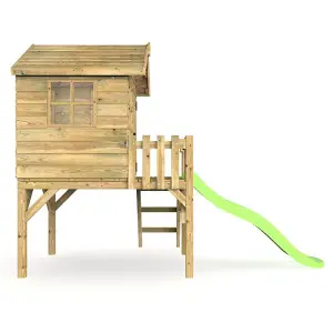 Rebo Orchard 4FT x 4FT Wooden Playhouse On 900mm Deck and 6FT Slide (Swan Light Green)