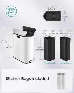 SONGMICS Double Kitchen Bin, Compact Dual Compartment Slim Bin for Recycling and Waste, Pedal Bin, Cloud White and Silver