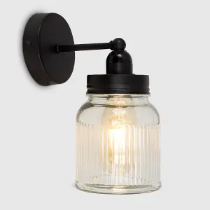 ValueLights Cambourne Industrial Satin Black Pipework Single Wall Light with Clear Glass Jar Shade