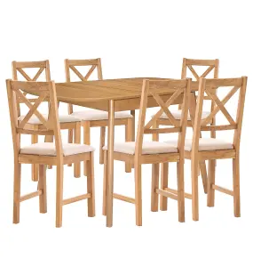 Hallowood Furniture Aston Butterfly Extending Table with 6 Cross Back Oak Chairs in Beige Seat Pad