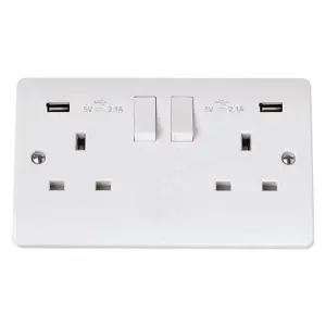 Click Scolmore Double Switched Socket with Dual USB-A 13A 2 Gang White - CMA780