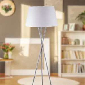 First Choice Lighting Grey Tripod Floor Lamp with White Fabric Shade