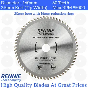 160mm x 60T TCT Circular Wood Saw Blade Fits Bosch, Makita, Black & Decker, Dewalt, Festool TS55 etc