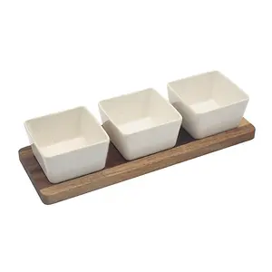 Snack Dish w/ Wood Tray 3pcs Serving Board Party Sauce Chips Dips Platter Bowls