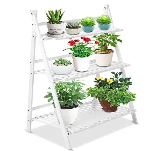 3 Tier White Foldable Wood Flower Stand for Multiple Plants for Garden Balcony 96 cm