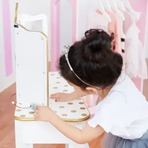 Teamson Kids Dressing Table, Play Vanity Set with LED Mirror Light & Stool - White/Gold/Polka Dots