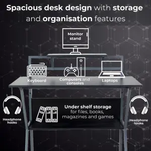 Neo Ergonomic 2 Tier Gaming Desk with Headphone Hook Monitor Stand & Shelf